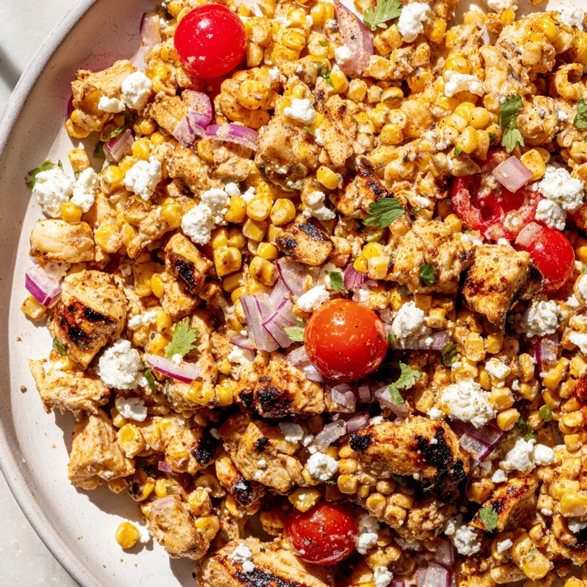 Creamy high protein chicken street corn salad topped with crumbled cotija cheese and cilantro