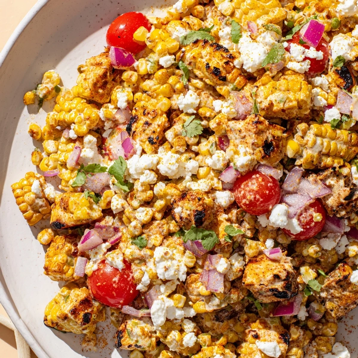 Grilled chicken pieces nestled in a vibrant high protein chicken street corn salad with charred kernels