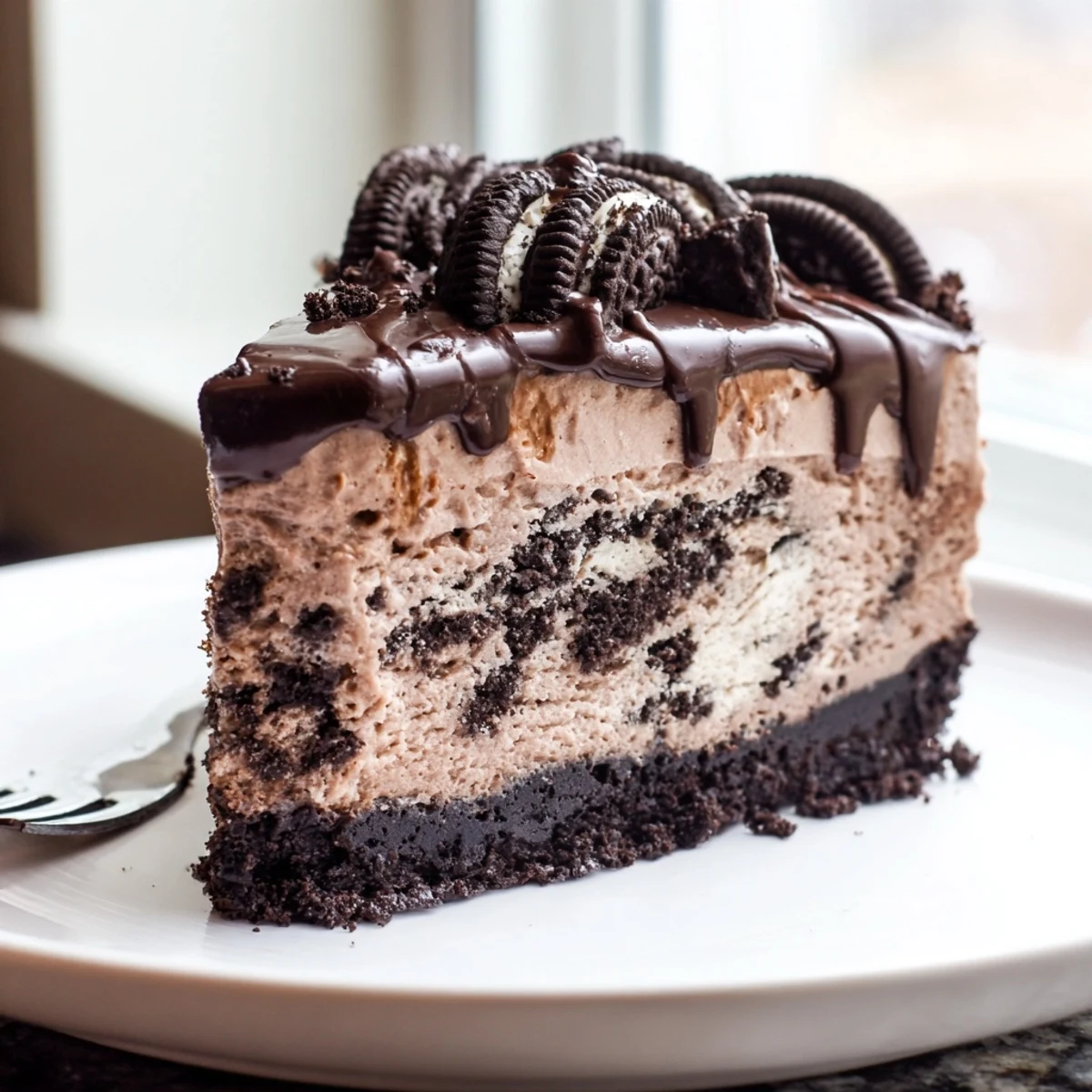 Creamy Oreo chocolate cheesecake sliced thick with glossy ganache and cookie halves on top