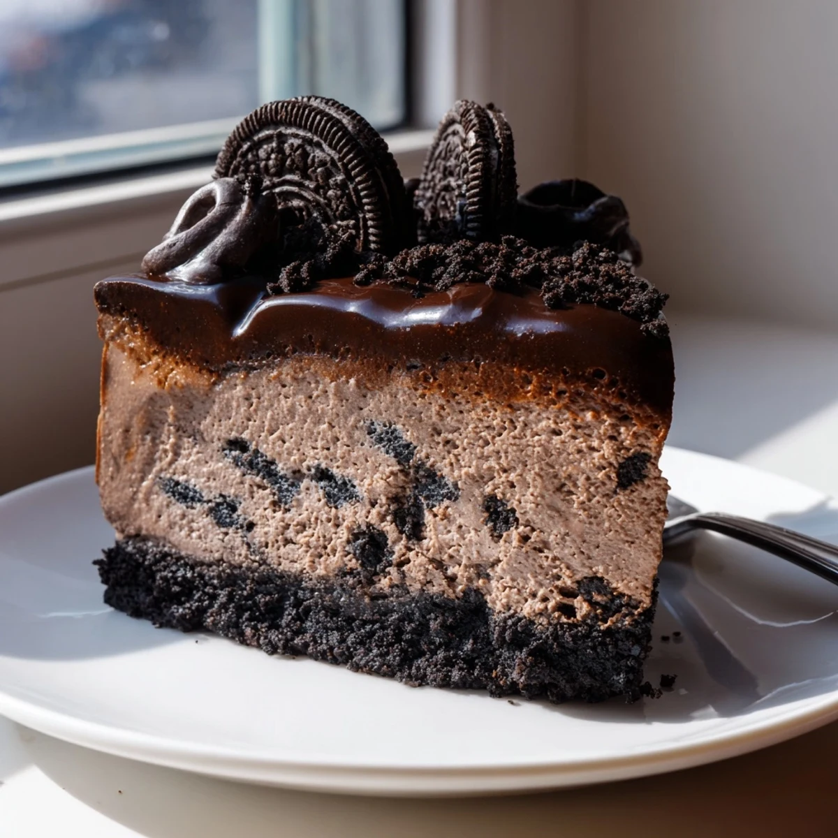 Rich chocolate Oreo cheesecake topped with velvety ganache and crushed cookies on a dessert plate