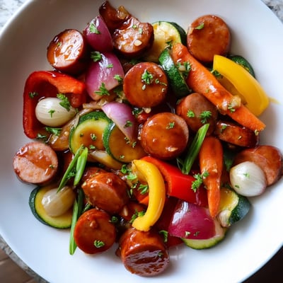 Honey garlic kielbasa and tender vegetables coated in a sticky sweet glaze