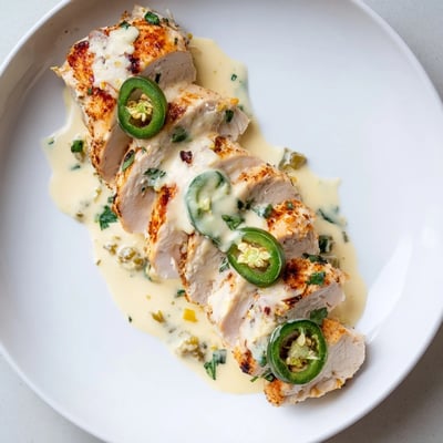 Spicy jalapeño chicken simmering in a rich garlic cream skillet sauce