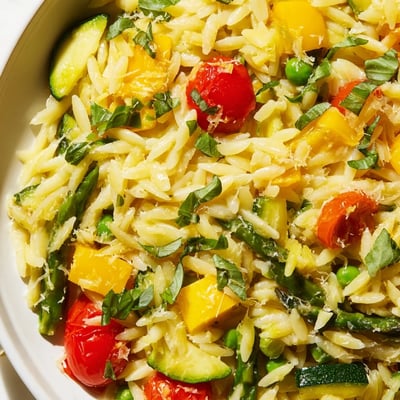 Creamy Orzo Primavera tossed with tender asparagus, cherry tomatoes, and a bright lemon Parmesan sauce.