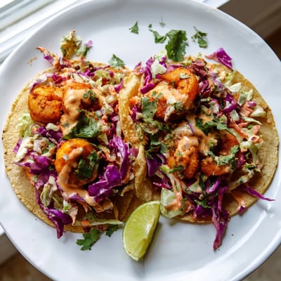Golden pan-seared shrimp nestled in soft tortillas with vibrant purple and green slaw