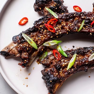 Crispy-edged Korean BBQ lamb ribs drizzled with bright yuzu citrus over steamed rice