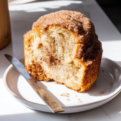 Warm cinnamon donut loaf fresh from the oven topped with melted butter and cinnamon sugar coating