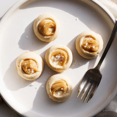 Creamy caramel cheesecake cookies topped with gooey caramel drizzle on a parchment-lined tray