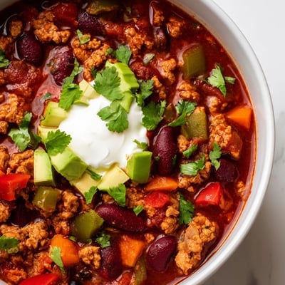 Hearty diabetic chili recipe loaded with beans vegetables and lean ground turkey