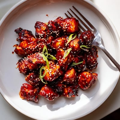 Crispy gochujang chicken thighs topped with scallions resting on a bed of white rice